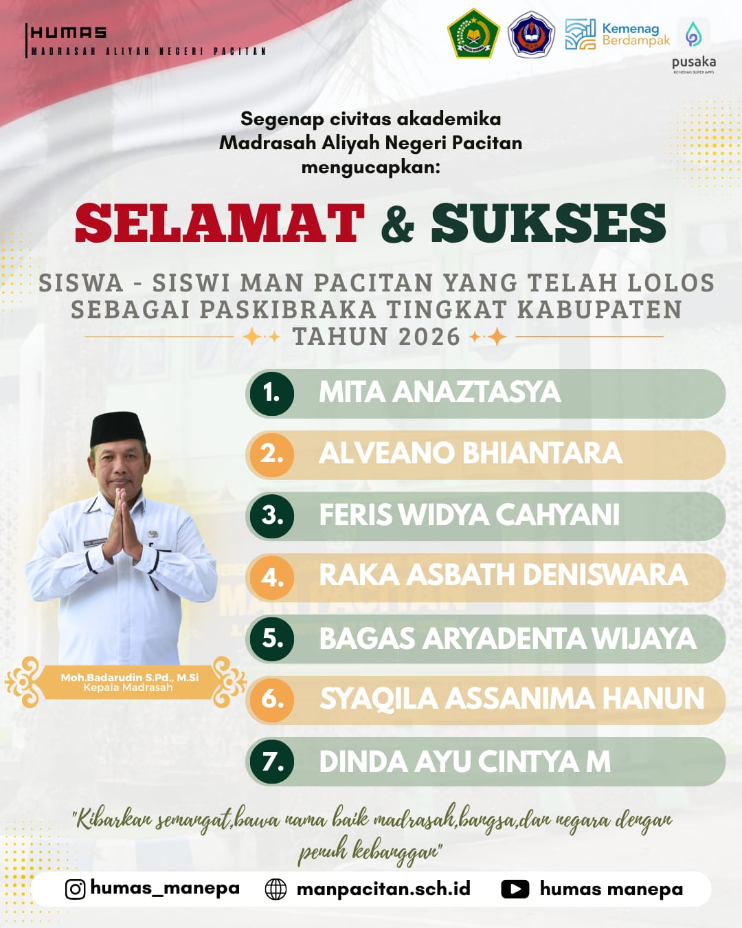 Humas MANEPA || MAN Pacitan Loloskan Tujuh Siswa sebagai Paskibraka Tingkat Kabupaten 2026
