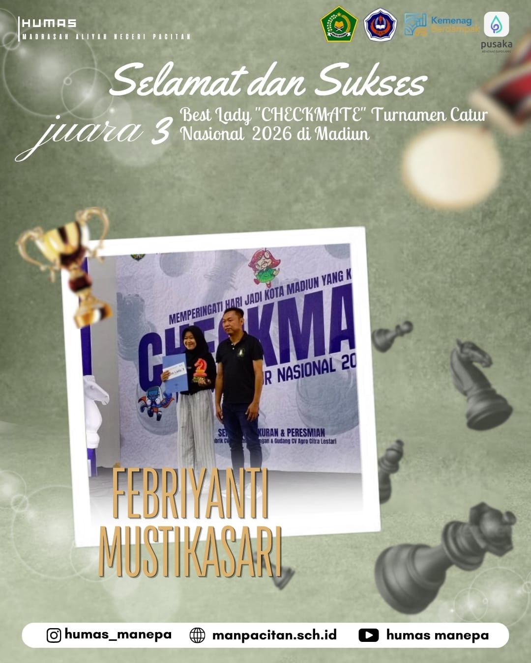 Humas MANEPA || Siswi MAN Pacitan Raih Juara 3 Turnamen Catur Nasional 2026