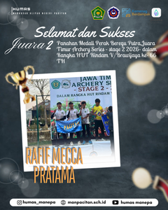 Humas MANEPA || Siswa MAN Pacitan Raih Juara 2 Lomba Panahan Standar Nasional Medali Perak Beregu Putra 🚨 PRESTASI GEMILANG SISWA MAN PACITAN DI AJANG PANAHAN JAWA TIMUR! 🚨 Segenap keluarga besar Madrasah Aliyah Negeri (MAN) Pacitan mengucapkan: ✨ Selamat dan Sukses ✨ Kepada siswa kami, RAFIF MECCA PRATAMA, yang telah berhasil menorehkan prestasi membanggakan dengan meraih: 🏆 JUARA 2 (MEDALI PERAK) 🥈 🎯 Kategori: Panahan Beregu Putra 🏹 Event: Jawa Timur Archery Series - Stage 2 2026 Kompetisi bergengsi ini diselenggarakan dalam rangka memperingati HUT Rindam V/Brawijaya ke-66 TH. Pencapaian luar biasa ini merupakan bukti kerja keras, dedikasi, dan semangat juang yang tinggi. Semoga prestasi ini menjadi inspirasi bagi seluruh siswa MAN Pacitan untuk terus mengukir prestasi di berbagai bidang. Terima kasih atas doa dan dukungan seluruh pihak! Maju terus pantang mundur! 💪 Editor by : Tim Media Madrasah