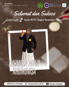 Humas MANEPA || Siswi MAN Pacitan Raih Juara 2 Lomba MTQ Tingkat Kecamatan Pacitan Segenap Keluarga Besar Madrasah Aliyah Negeri (MAN) Pacitan mengucapkan Selamat dan Sukses yang setinggi-tingginya kepada siswi berprestasi kami: 🏆 RAHMITHA AULIA KHOIRUNISA 🏆 Atas pencapaian luar biasa sebagai JUARA 2 dalam ajang Lomba MTQ Tingkat Kecamatan Pacitan. Semoga prestasi ini menjadi motivasi bagi Rahmitha untuk terus mengasah kemampuan dan mensyiarkan ayat-ayat suci Al-Qur'an. Ini juga menjadi bukti semangat belajar dan dedikasi luar biasa yang patut ditiru oleh seluruh siswa MAN Pacitan. Editor by : Tim Media Madrasah