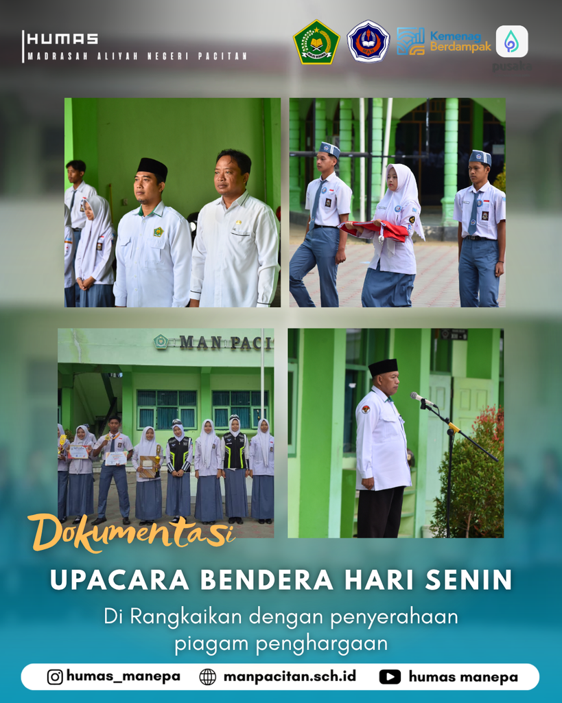 Humas Manepa || Upacara Bendera MAN Pacitan Dirangkaikan dengan Penyerahan Piagam Penghargaan PACITAN - Madrasah Aliyah Negeri (MAN) Pacitan kembali menggelar upacara bendera hari Senin dengan penuh khidmat di halaman madrasah. Upacara kali ini terasa istimewa karena dirangkaikan dengan penyerahan piagam penghargaan kepada sejumlah siswa yang telah menorehkan prestasi gemilang. Penyerahan penghargaan berlangsung meriah dan penuh kebanggaan. Tepuk tangan dan sorak-sorai riuh rendah mengiringi setiap nama siswa yang dipanggil ke atas panggung untuk menerima piagam dan medali. Senyum bahagia terpancar jelas dari wajah para siswa berprestasi, para guru, dan staf madrasah. Selamat kepada para siswa penerima penghargaan! Teruslah berkarya, berinovasi, dan jadilah inspirasi bagi sesama. Jadikan MAN Pacitan bangga! Editor by : Tim Media Madrasah