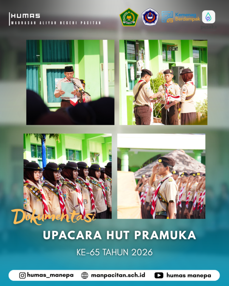 Humas Manepa || Upacara Hut Pramuka Ke-65 Pacitan, 14 Agustus 2026 – Dalam rangka memperingati Hari Ulang Tahun (HUT) Gerakan Pramuka yang ke-65, Madrasah Aliyah Negeri (MAN) Pacitan menggelar upacara bendera dengan khidmat pada hari Jum'at. Bertempat di lapangan utama madrasah, kegiatan ini dihadiri oleh seluruh civitas akademika, guru, staf, serta ratusan siswa-siswi madrasah. Semoga di usia ke-65 ini, Gerakan Pramuka semakin jaya dan terus menjadi inspirasi bagi generasi muda Indonesia. Terima kasih kepada petugas Upacara dan seluruh siswa-siswi yang telah menyukseskan acara hari ini. Jangan lewatkan semangat kepanduan yang terpancar dari setiap siswa-siswi! Editor by : Tim Media Madrasah