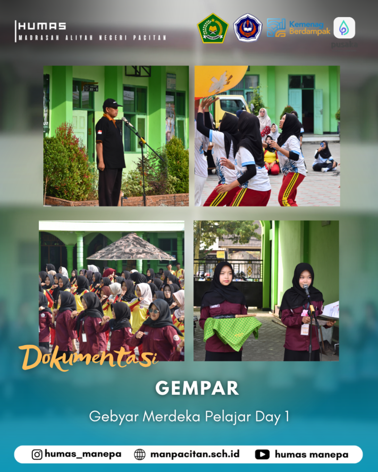 Humas Manepa || GEMPAR (Gebyar Merdeka Pelajar) Day 1 Meriahkan HUT RI, MAN Pacitan Resmi Buka Kegiatan GEMPAR (Gebyar Merdeka Pelajar) Hari Pertama PACITAN — Dalam rangka menyambut dan memeriahkan peringatan Hari Ulang Tahun (HUT) Kemerdekaan Republik Indonesia, Madrasah Aliyah Negeri (MAN) Pacitan menggelar kegiatan GEMPAR (Gebyar Merdeka Pelajar). Pembukaan acara yang berlangsung pada hari pertama ini ditandai dengan pemukulan gong secara simbolis di halaman madrasah. Kegiatan GEMPAR dirancang untuk membangkitkan semangat nasionalisme, mempererat tali silaturahmi, serta mengasah kreativitas dan sportivitas para siswa-siswi MAN Pacitan melalui serangkaian lomba. Melalui kegiatan ini, pihak madrasah berharap para siswa dapat meneladani nilai-nilai perjuangan para pahlawan, menguatkan rasa kebersamaan, serta terus mengukir prestasi positif baik di bidang akademik maupun non-akademik. Editor by : Tim Media Madrasah