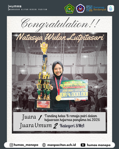 Humas MANEPA || Siswi MAN Pacitan Ukir Prestasi di Kejuaraan Nasional Pencak Silat Piala Panglima TNI 2026 Natasya Wulan Lutpitasari Ukir Prestasi di Kejuaraan Nasional Pencak Silat Piala Panglima TNI 2026 PACITAN — Prestasi membanggakan kembali diukir oleh siswi Madrasah Aliyah Negeri (MAN) Pacitan. Natasya Wulan Lutpitasari berhasil memboyong dua penghargaan sekaligus dalam Kejuaraan Nasional (Kejurnas) Pencak Silat Piala Panglima TNI Tahun 2026 yang diselenggarakan dalam rangka peringatan HUT ke-81 TNI. Dalam ajang tersebut, Natasya berhasil meraih posisi Juara 1 pada cabang Tanding Kelas B Remaja Putri. Keberhasilannya mengumpulkan poin dan kemenangan beruntun turut mengantarkannya meraih predikat Juara Umum 2 Kategori SMA serta memboyong piala dan hadiah pembinaan. Pihak madrasah menyampaikan apresiasi setinggi-tingginya atas dedikasi dan kerja keras Natasya. Capaian ini diharapkan mampu memotivasi seluruh siswa MAN Pacitan untuk terus mengukir prestasi, baik di bidang akademik maupun non-akademik. Editor by : Tim Media Madrasah