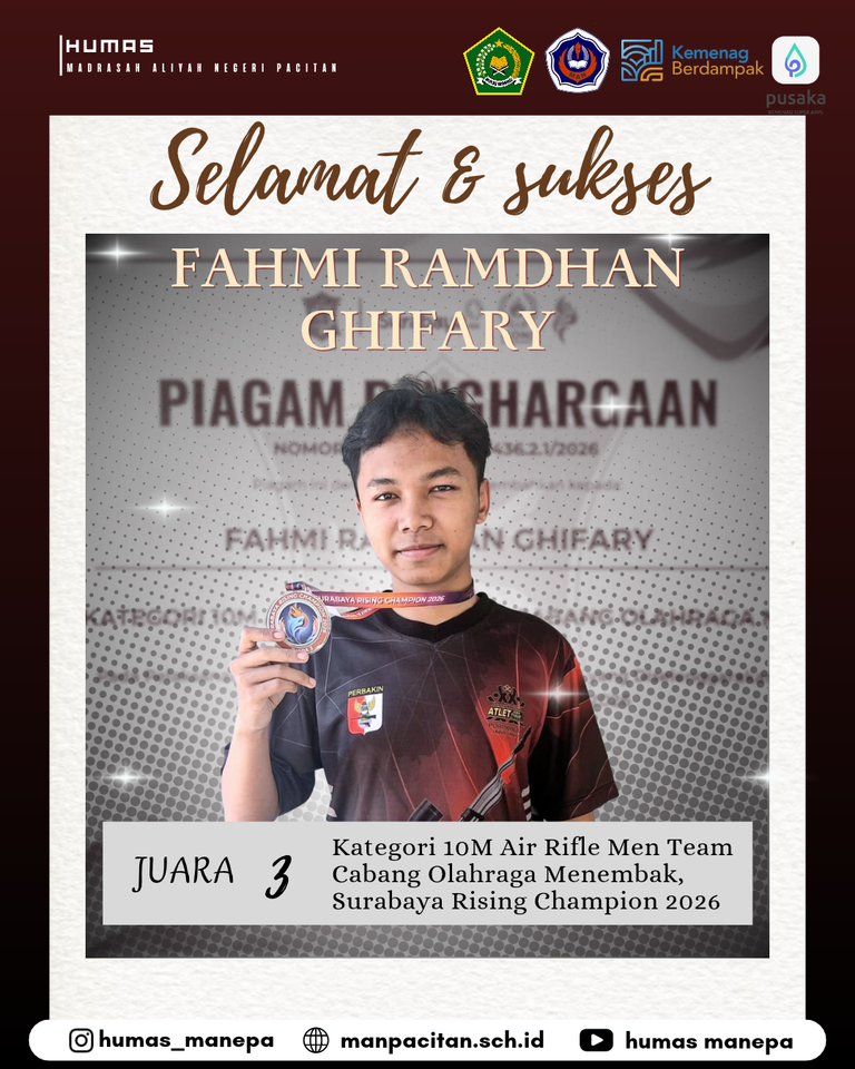 Humas MANEPA || Siswa MAN Pacitan Raih Juara 3 Cabor Menembak di Ajang Surabaya Rising Champion 2026 Pacitan — Madrasah Aliyah Negeri (MAN) Pacitan kembali menorehkan tinta emas melalui prestasi siswanya di bidang olahraga. Kali ini, apresiasi dan ucapan selamat yang tinggi diberikan kepada Fahmi Ramdhan Ghifary atas keberhasilannya meraih Juara 3 Kategori 10M Air Rifle Men Team dalam kejuaraan Surabaya Rising Champion 2026. Ajang kompetisi bergengsi ini menjadi saksi ketangkasan dan fokus luar biasa yang ditunjukkan oleh Fahmi dalam cabang olahraga menembak. Keberhasilan ini tidak hanya menjadi pencapaian pribadi yang membanggakan, tetapi juga turut mengangkat nama baik MAN Pacitan di tingkat yang lebih luas. Segenap civitas akademika MAN Pacitan menyampaikan rasa bangga dan berharap prestasi ini dapat memotivasi peserta didik lainnya untuk terus mengembangkan bakat, minat, serta potensi diri, baik di bidang akademik maupun non-akademik. Editor by : Tim Media Madrasah