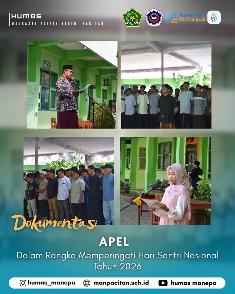 Humas Manepa || Apel Memperingati Hari Santri Nasional Tahun 2026 PACITAN – Dalam rangka memperingati Hari Santri Nasional Tahun 2026, Madrasah Aliyah Negeri (MAN) Pacitan menggelar kegiatan Apel Bersama yang berlangsung dengan penuh khidmat di halaman madrasah pada Kamis (22/10/2026). Kegiatan apel ini diikuti oleh seluruh civitas akademika MAN Pacitan, mulai dari pimpinan madrasah, para guru, tenaga kependidikan, hingga para siswa-siswi. Suasana peringatan tampak istimewa dengan para peserta laki-laki yang mengenakan pakaian khas santri seperti baju koko, sarung, dan peci, sementara peserta perempuan tampil anggun mempesona. Rangkaian acara diawali dengan penghormatan, amanat pembina apel, hingga pembacaan ikrar dan doa. Pembina apel dalam amanatnya menyampaikan pentingnya meneladani semangat perjuangan para ulama dan santri terdahulu dalam mempertahankan kemerdekaan serta menjaga keutuhan NKRI. "Melalui peringatan Hari Santri Nasional Tahun 2026 ini, kita berharap para siswa MAN Pacitan tidak hanya unggul dalam ilmu pengetahuan umum dan agama, tetapi juga memiliki akhlakul karimah serta kontribusi nyata bagi bangsa dan negara," ujarnya. Seluruh rangkaian apel berjalan lancar, tertib, dan diakhiri dengan sesi dokumentasi bersama. Peringatan ini diharapkan dapat terus membakar semangat seluruh warga madrasah untuk meneladani nilai-nilai kesantrian dalam kehidupan sehari-hari Editor by : Tim Media Madrasah