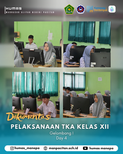 Humas MANEPA || Day 4 Pelaksanaan TKA Kelas XII Gelombang 1 PACITAN — Suasana kondusif dan penuh konsentrasi terlihat di ruang laboratorium komputer Madrasah Aliyah Negeri (MAN) Pacitan. Hal ini seiring dengan terselenggaranya kegiatan Tes Kemampuan Akademik (TKA) bagi peserta didik Kelas XII Gelombang I yang telah memasuki hari keempat pelaksanaan. Berdasarkan pantauan dokumentasi kegiatan, para siswa tampak antusias dan tertib mengikuti ujian berbasis digital ini. Pihak madrasah terus berkomitmen untuk memastikan kelancaran infrastruktur maupun teknis pelaksanaan agar seluruh rangkaian TKA dapat berjalan tanpa hambatan berarti. Pelaksanaan TKA ini merupakan salah satu tahapan penting bagi siswa-siswi kelas XII dalam mengukur capaian kompetensi akademik serta mempersiapkan diri menghadapi jenjang pendidikan berikutnya. MAN Pacitan senantiasa mendukung penuh kesuksesan peserta didik melalui fasilitas pembelajaran dan evaluasi yang optimal. Editor by : Tim Media Madrasah