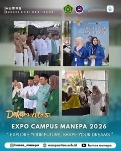 Humas Manepa || EXPO CAMPUS MANEPA 2026 **Pacitan —** Madrasah Aliyah Negeri (MAN) Pacitan menyelenggarakan kegiatan **Expo Campus MANEPA 2026** dengan mengusung tema *“Explore Your Future, Shape Your Dreams.”* Kegiatan ini menjadi wadah bagi para siswa untuk mengenal lebih dekat dunia perguruan tinggi serta memperoleh informasi mengenai berbagai pilihan pendidikan setelah lulus madrasah. Melalui kegiatan ini, para siswa mendapatkan kesempatan untuk memperluas wawasan tentang perguruan tinggi, mengenal beragam pilihan program studi, serta memperoleh gambaran mengenai persiapan yang diperlukan untuk melanjutkan pendidikan ke jenjang yang lebih tinggi. Expo Campus MANEPA 2026 diharapkan dapat membantu siswa dalam mengenali potensi diri, mempertimbangkan pilihan pendidikan, dan merencanakan masa depan sesuai dengan minat serta cita-cita mereka. Dengan adanya kegiatan ini, MAN Pacitan terus mendukung siswa agar lebih siap menghadapi dunia perkuliahan dan berani menentukan langkah untuk meraih masa depan yang diimpikan. **Explore your future, shape your dreams. Kenali potensimu, tentukan tujuanmu, dan wujudkan cita-citamu!**