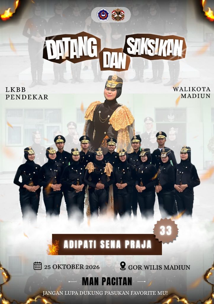 Humas MANEPA || Tim LKBB Adipati Sena Praja MAN Pacitan — Gelora semangat dan optimisme membumbung tinggi menyambut ajang baris-berbaris bergengsi LKBB Pendekar Walikota Madiun 2026. Tim kebanggaan MAN Pacitan (MANEPA), Adipati Sena Praja, dipastikan siap tampil maksimal dan bersaing memperebutkan gelar juara pada Minggu, 25 Oktober 2026, bertempat di GOR Wilis, Kota Madiun. Ajang tahunan ini menjadi panggung pembuktian atas kerja keras, latihan intensif, serta kedisiplinan tinggi yang telah dijalani para anggota Adipati Sena Praja selama beberapa bulan terakhir. Setiap tetes keringat dan kepatuhan pada irama formasi akan diuji secara langsung di arena pertandingan. Perjuangan tim di lapangan dipastikan tidak akan berjalan sendirian. Dukungan penuh mengalir deras dari seluruh keluarga besar MANEPA, alumni, hingga para pendukung setia yang siap membiru-merahkan tribun GOR Wilis. Kehadiran para suporter diharapkan mampu memberikan suntikan mental juara dan gemuruh motivasi bagi para pejuang lapangan. "Setiap tetes keringat, kedisiplinan, dan latihan keras yang telah dilewati akan terbayar tuntas di arena. Tunjukkan langkah tegap, formasi gagah, dan mental juara kalian!" bunyi pesan pembakar semangat yang mengiringi pelepasan tim. Para pendukung diimbau untuk memadati lokasi pertandingan, memberikan apresiasi terbaik, serta menjadi saksi perjuangan Adipati Sena Praja MANEPA dalam mengukir prestasi dan membawa pulang piala kemenangan.