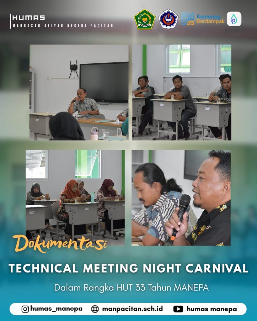 Humas MANEPA || TECHNICAL MEETING NIGHT CARNIVAL Technical Meeting Night Carnival dalam Rangka HUT ke-33 MAN Pacitan Dalam rangka menyambut Hari Ulang Tahun (HUT) ke-33 MAN Pacitan (MANEPA), telah dilaksanakan kegiatan Technical Meeting Night Carnival sebagai bagian dari persiapan menuju rangkaian perayaan hari jadi madrasah. Kegiatan ini menjadi langkah penting untuk menyamakan pemahaman, menyampaikan informasi teknis, serta mempersiapkan pelaksanaan kegiatan agar dapat berjalan dengan tertib, lancar, dan sesuai dengan rencana. Melalui kegiatan technical meeting ini, para peserta mendapatkan penjelasan mengenai berbagai ketentuan dan teknis pelaksanaan Night Carnival. Penyampaian informasi dilakukan agar seluruh pihak yang terlibat dapat memahami aturan, mekanisme, serta hal-hal yang perlu diperhatikan selama kegiatan berlangsung. Dengan adanya koordinasi dan komunikasi yang baik, diharapkan setiap rangkaian acara dapat terlaksana secara maksimal. Kegiatan ini juga menjadi wadah untuk membangun koordinasi, mempererat komunikasi, dan menumbuhkan rasa tanggung jawab bersama dalam menyukseskan perayaan HUT ke-33 MANEPA. Persiapan yang matang merupakan salah satu faktor penting dalam menciptakan kegiatan yang terorganisasi dengan baik serta memberikan pengalaman yang berkesan bagi seluruh peserta. Perayaan HUT ke-33 MANEPA tidak hanya menjadi momentum untuk memperingati perjalanan dan perkembangan madrasah, tetapi juga menjadi kesempatan untuk memperkuat kebersamaan, kreativitas, dan semangat berpartisipasi dalam berbagai kegiatan positif. Melalui Night Carnival, diharapkan semangat kebersamaan dan kreativitas dapat semakin tumbuh serta menjadi bagian dari kenangan indah keluarga besar MAN Pacitan. Dengan terlaksananya Technical Meeting Night Carnival, diharapkan seluruh persiapan dapat berjalan dengan baik sehingga pelaksanaan kegiatan nantinya berlangsung tertib, aman, dan meriah. Semoga seluruh rangkaian peringatan HUT ke-33 MANEPA dapat terlaksana dengan sukses serta membawa semangat baru bagi seluruh warga madrasah. MANEPA, terus berkarya, berprestasi, dan menginspirasi! 🎉✨ Editor by : Tim Media Madrasah